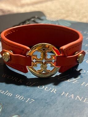 Tory Burch Orange Leather Bracelet with Gold Double-T Emblem